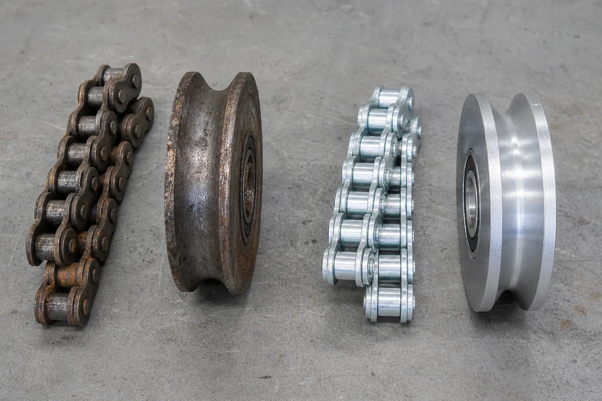 Worn gate chain and V-groove wheel next to stocked replacement parts