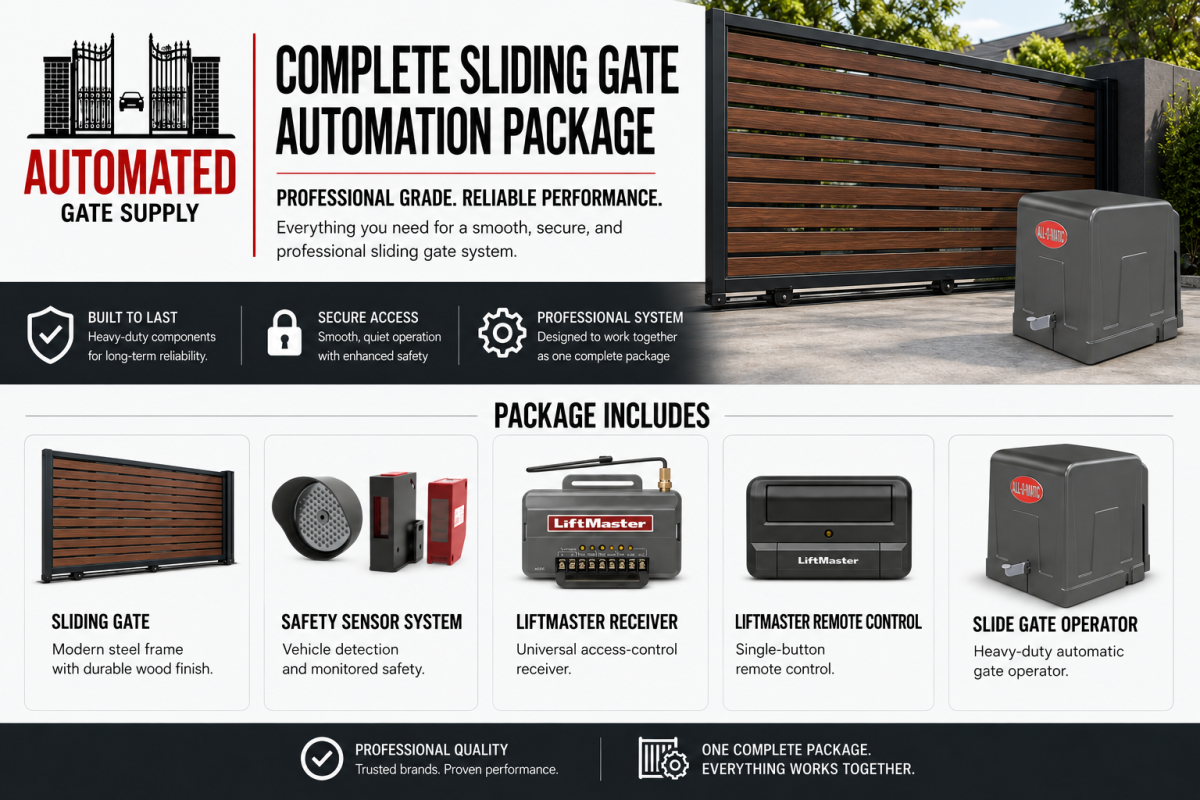 Complete sliding gate automation package with LiftMaster and All-O-Matic components