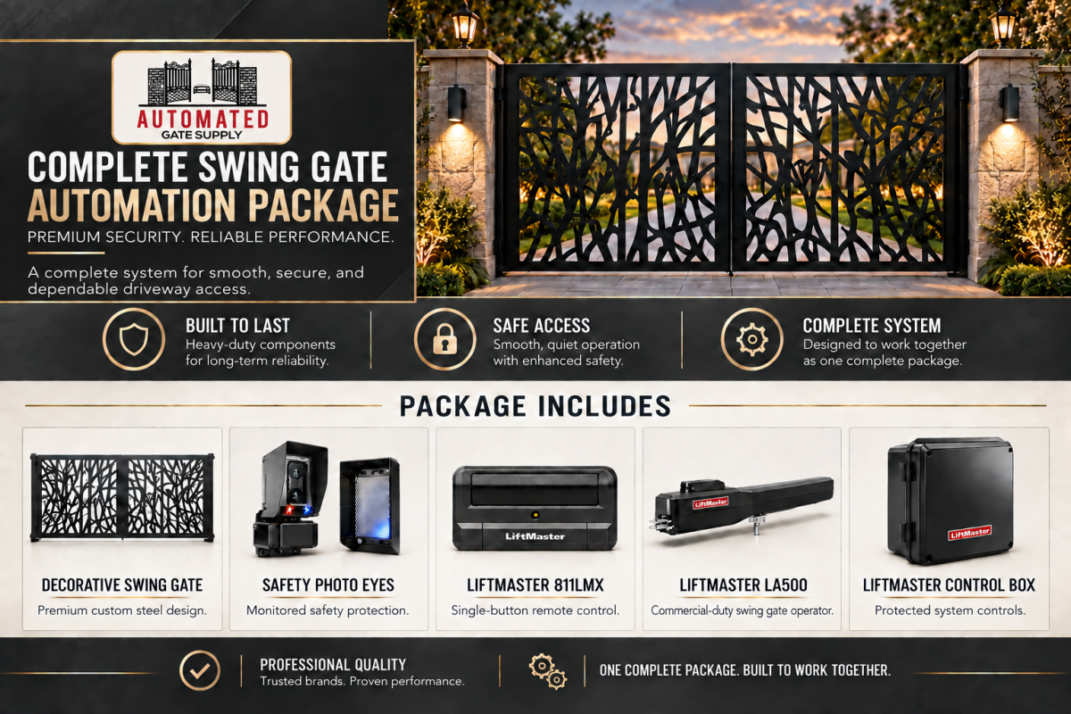 Complete swing gate automation package with LiftMaster components